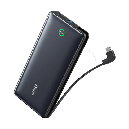 بنك طاقة أنكر A1387 | سعة 20000 مللي أمبير مع كابل USB-C مدمج - أسود