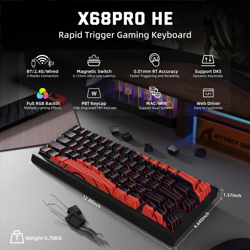 ATTACK SHARK X68 Pro HE Keyboard Black And Red-Countour Line