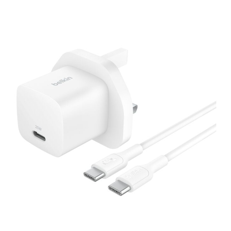 شاحن حائط BELKIN PD 25W PPS USB-C أبيض + كابل C-C بطول 1 متر