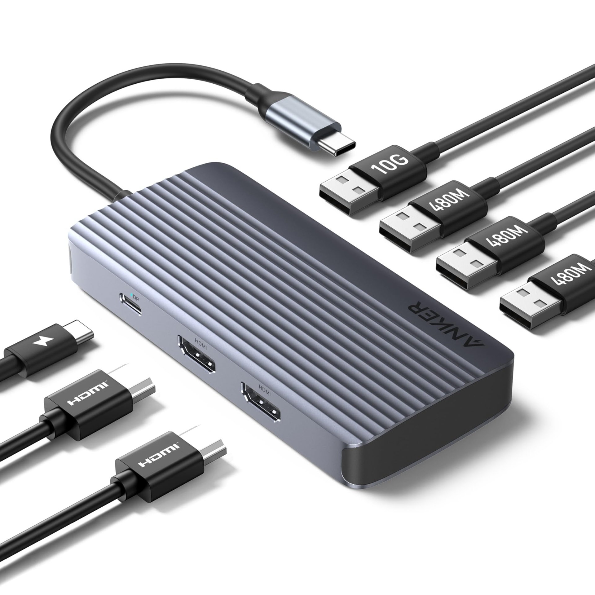 موزع أنكر USB-C 7 في 1 مع دعم الشاشة المزدوجة