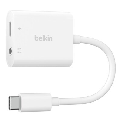 محول Belkin RockStar من USB‑C إلى AUX 3.5 مم مع منفذ شحن USB‑C – أبيض