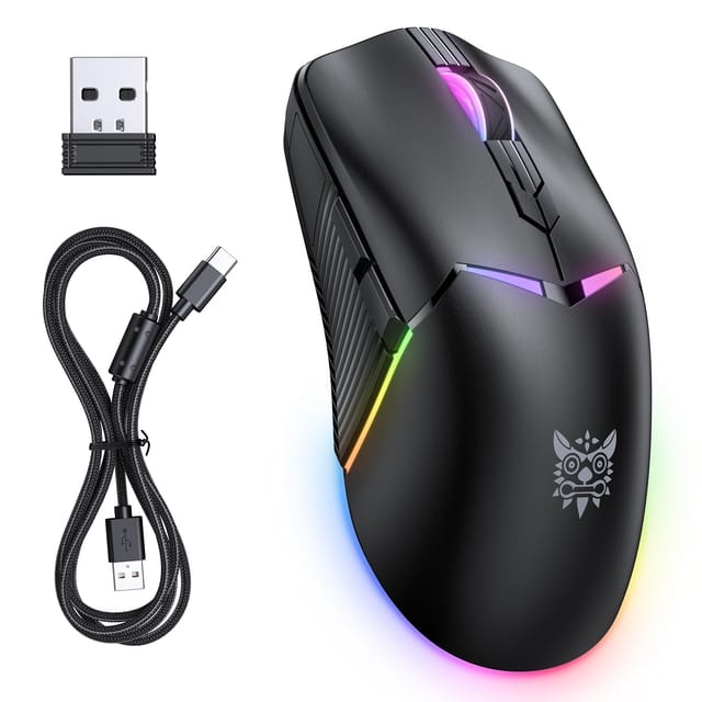 ماوسی یاری بێ وایەری سێ دۆخی ONIKUMA CW928 لەگەڵ ڕووناکی RGB، 12000 DPI، 7 دوگمە، و وەرگری USB - ڕەش