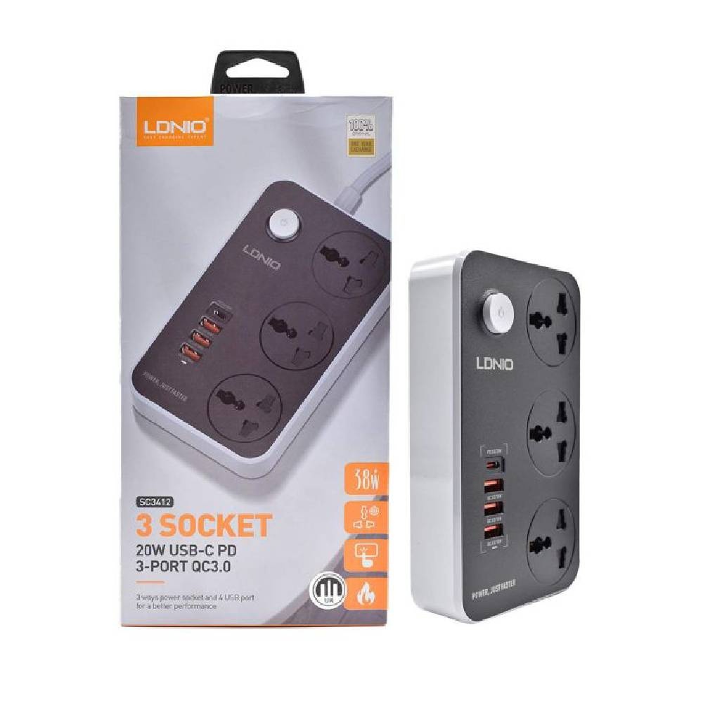 LDNIO SC3412 Power Strip | 3 AC Outlets + USB Ports