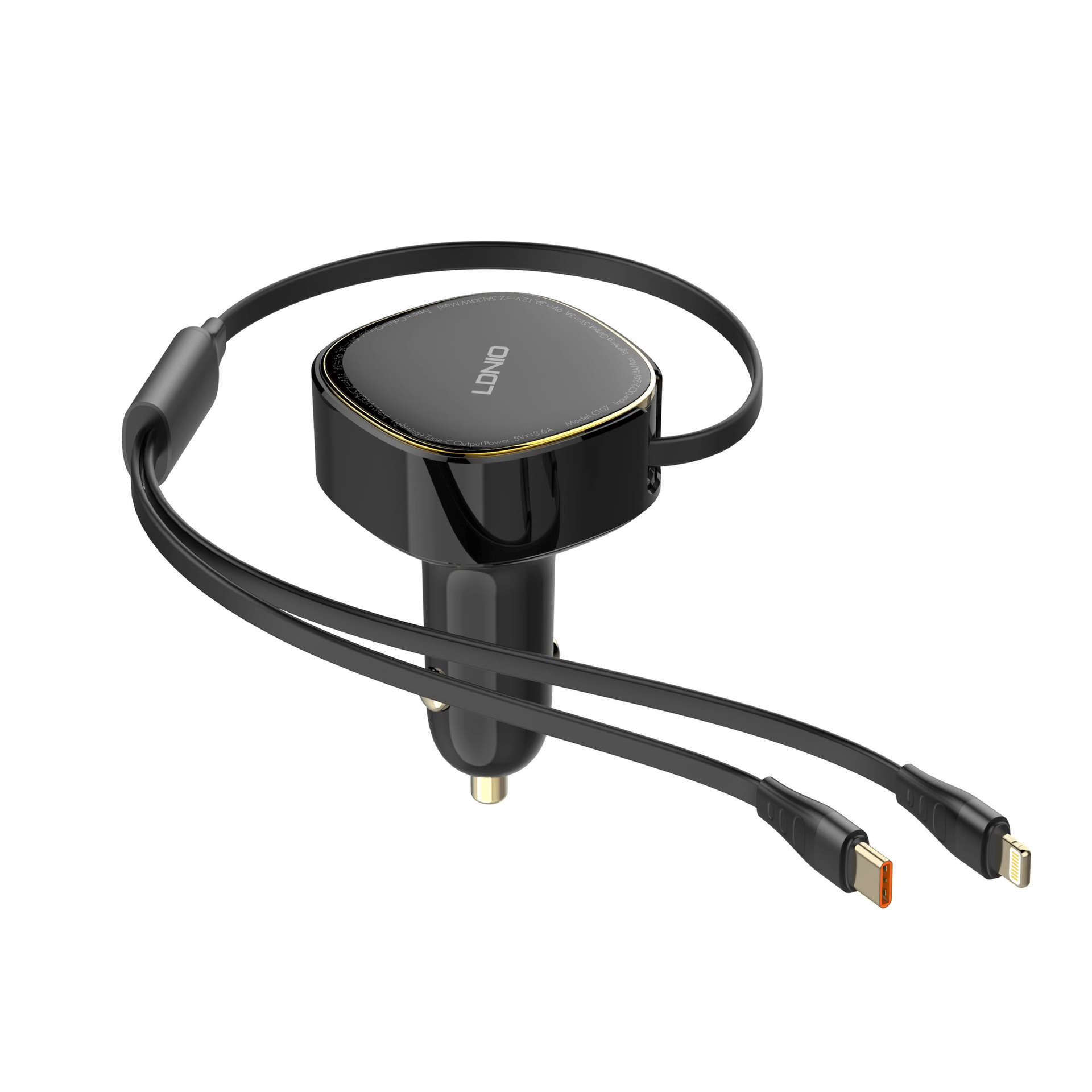 LDNIO C107 30W 2-in-1 Retractable Car Charger – Built-in Lightning & USB-C Cable