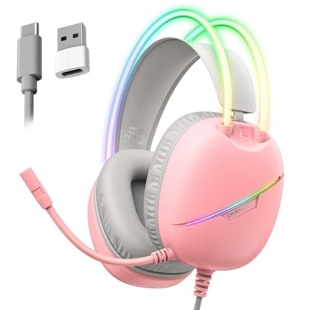 ONIKUMA X33 Wired Gaming Headset – Pink, Type-C, RGB Lighting, 2.2m USB Cable
