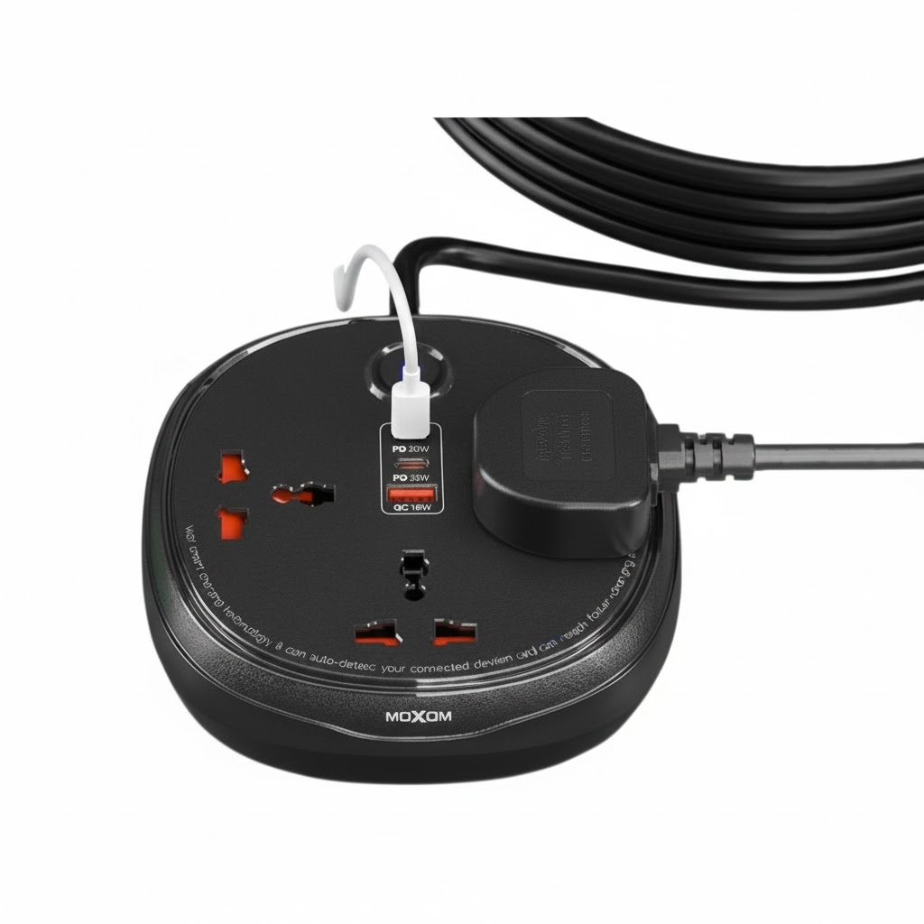 مشترك كهرباء Moxom MX-ST26 متعدد المخارج 6 في 1 مع كابل بطول 3 أمتار – أسود