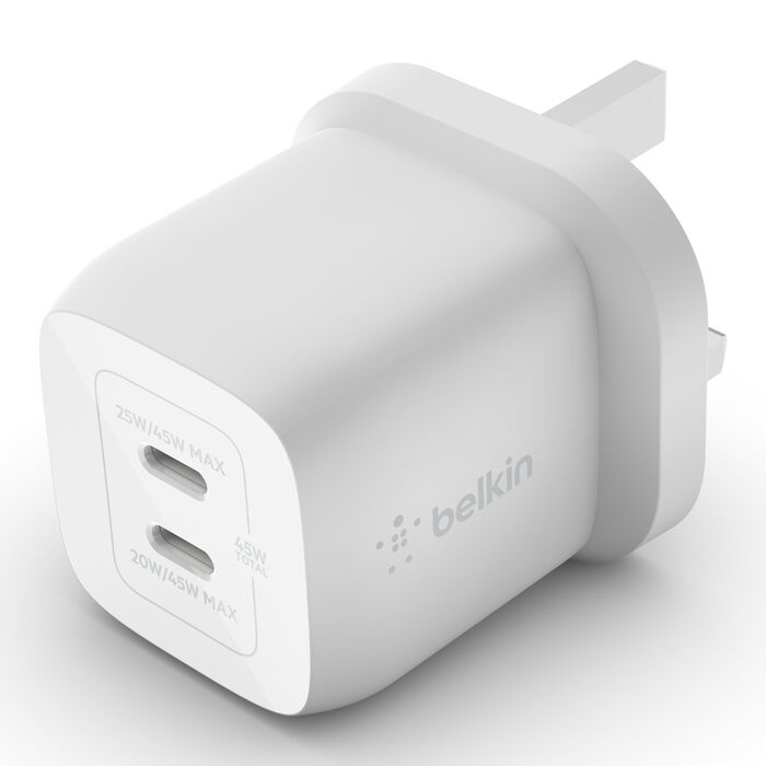 بێلکین بووست چارج Pro Gan دوو دیواری بارگاویکەرەوە 45W سپی