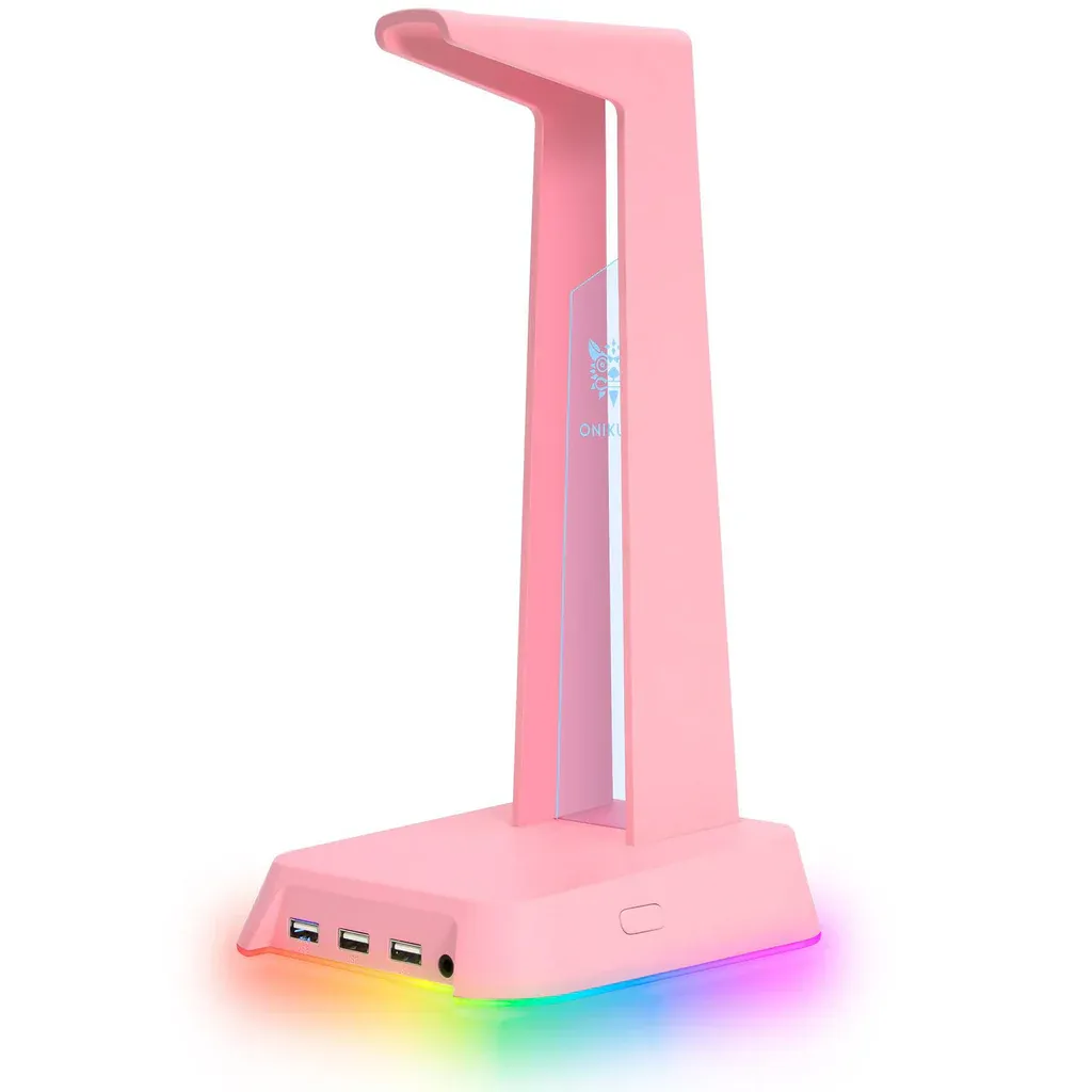 حامل سماعة رأس الألعاب ONIKUMA ST-2 RGB - وردي، 3 منافذ USB وAUX 3.5 مم