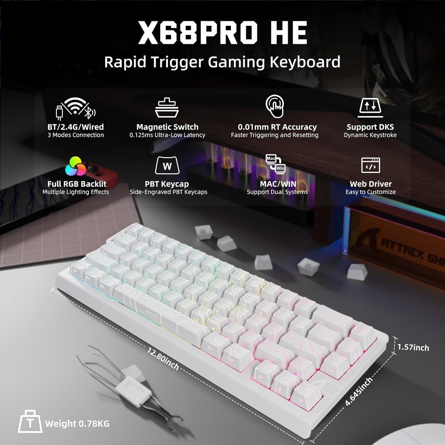 ATTACK SHARK X68 Pro HE Keyboard White-Countour Line