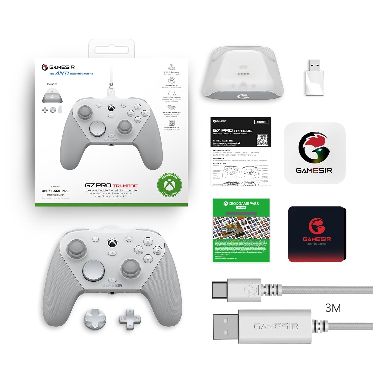 GameSir G7 Pro Tri‑Mode XBOX Wired Controller - White & Silver
