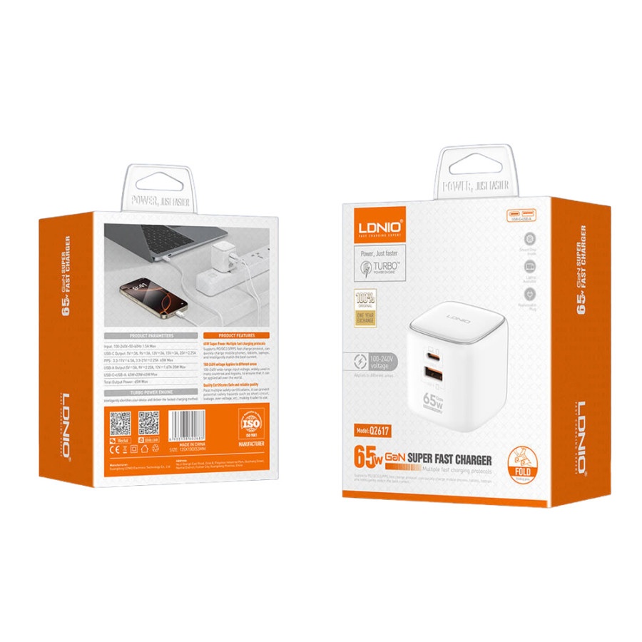 چارجەری  LDNIO Q2617 سوپەر فاست GaN 65W USB-C & USB A | 2 دەروازەکان