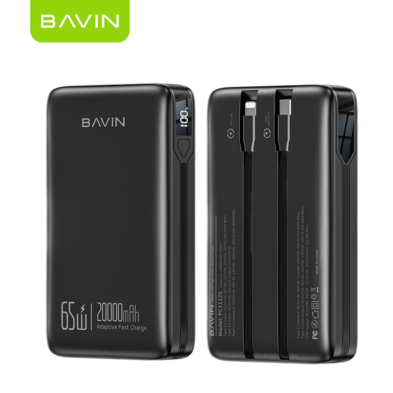 BAVIN PC1112 Power Bank 20000mAh 65W with Built-in iPhone & Type-C Cables for Laptop & Mobile Fast Charging
