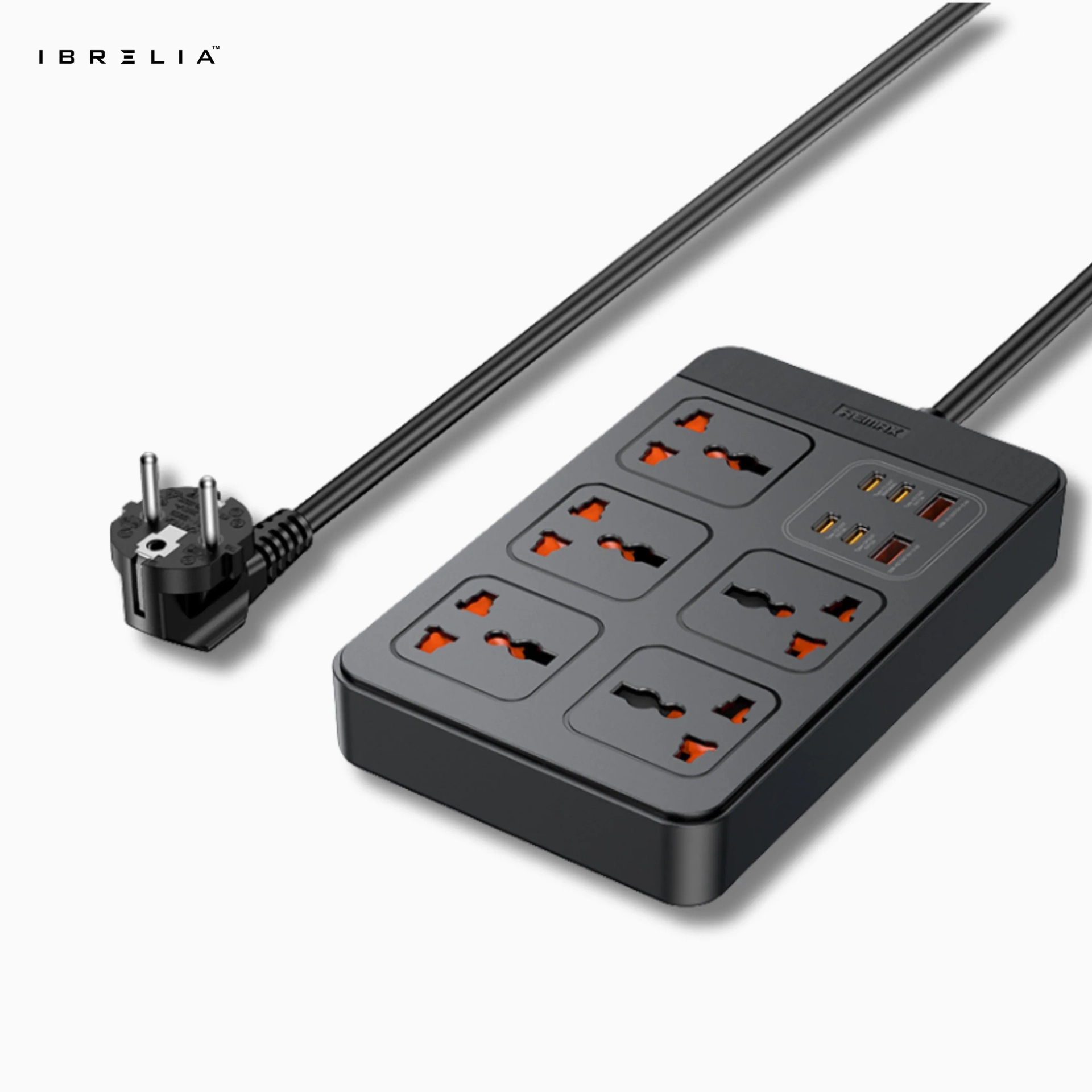 مشترك كهرباء Remax RP-U195 بخمسة مخارج مع 2 USB-A و4 USB-C ودعم الشحن السريع 30 واط – أسود