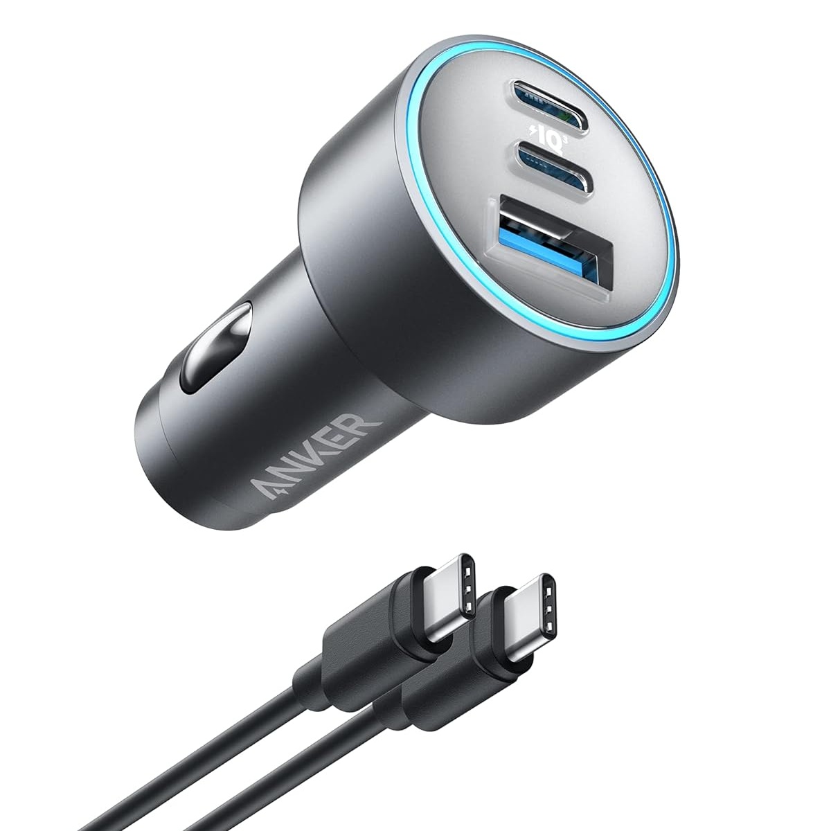 Anker 535 Car Charger 67W (2 USB-C + 1 USB-A) with 3ft USB-C to USB-C Cable – Gray