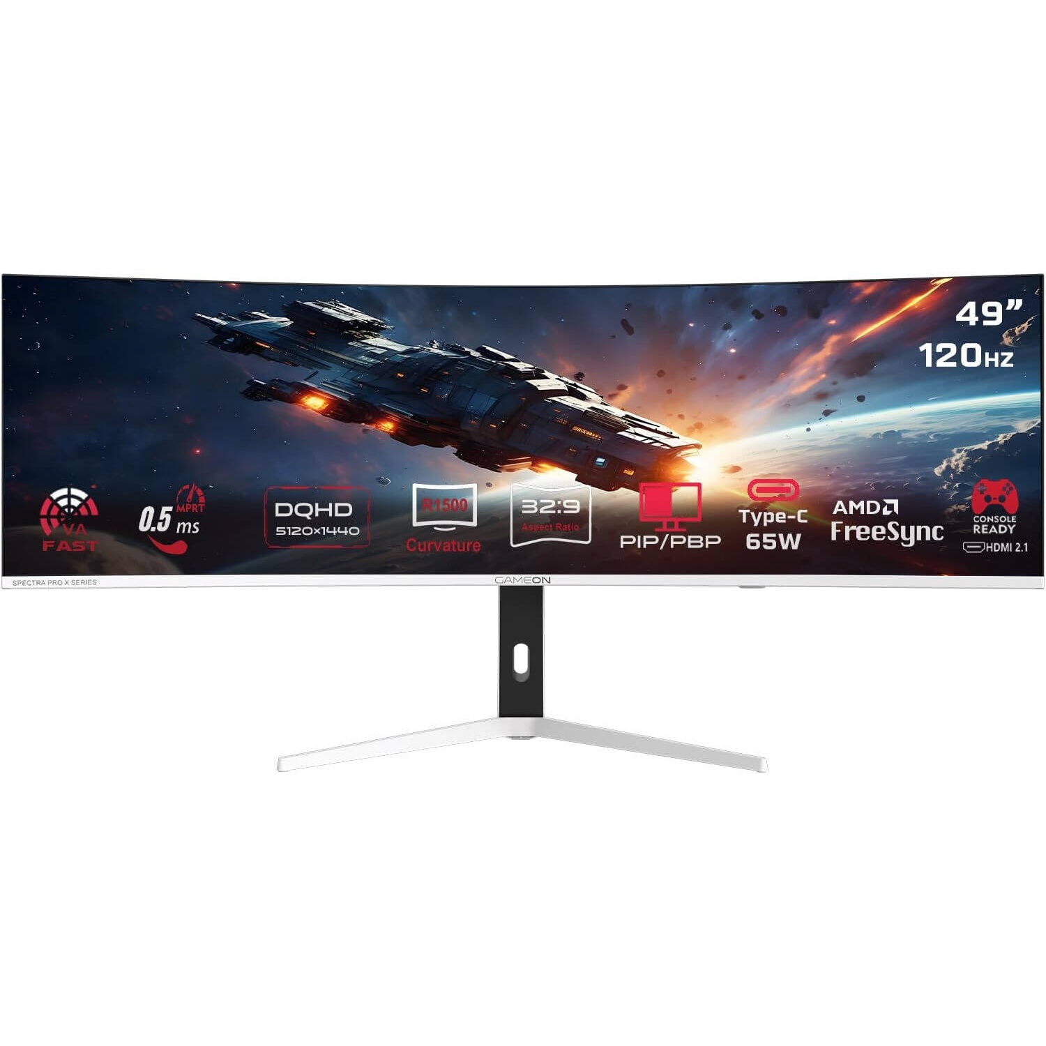 GAMEON GOAC49DQHD120 Curved Gaming Monitor 49 VA Display, DQHD 120Hz Refresh Rate 0.5ms (MPRT) -  White 
