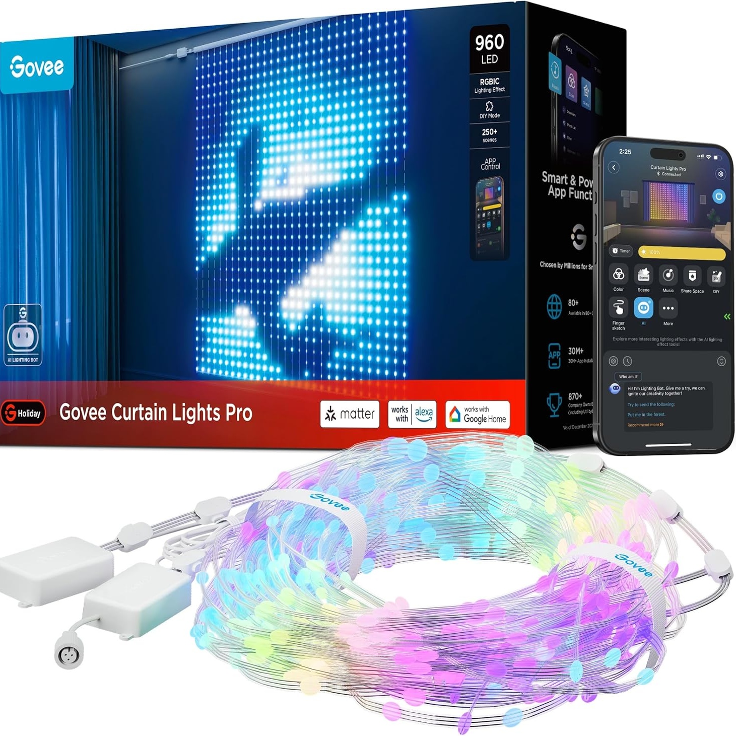 أضواء ستائر Govee Curtain Lights Pro U المطورة، أضواء LED ذكية RGBIC للستائر والنوافذ (5.41 قدم × 5.77 قدم) - منتج مفتوح العبوة (H70B6)