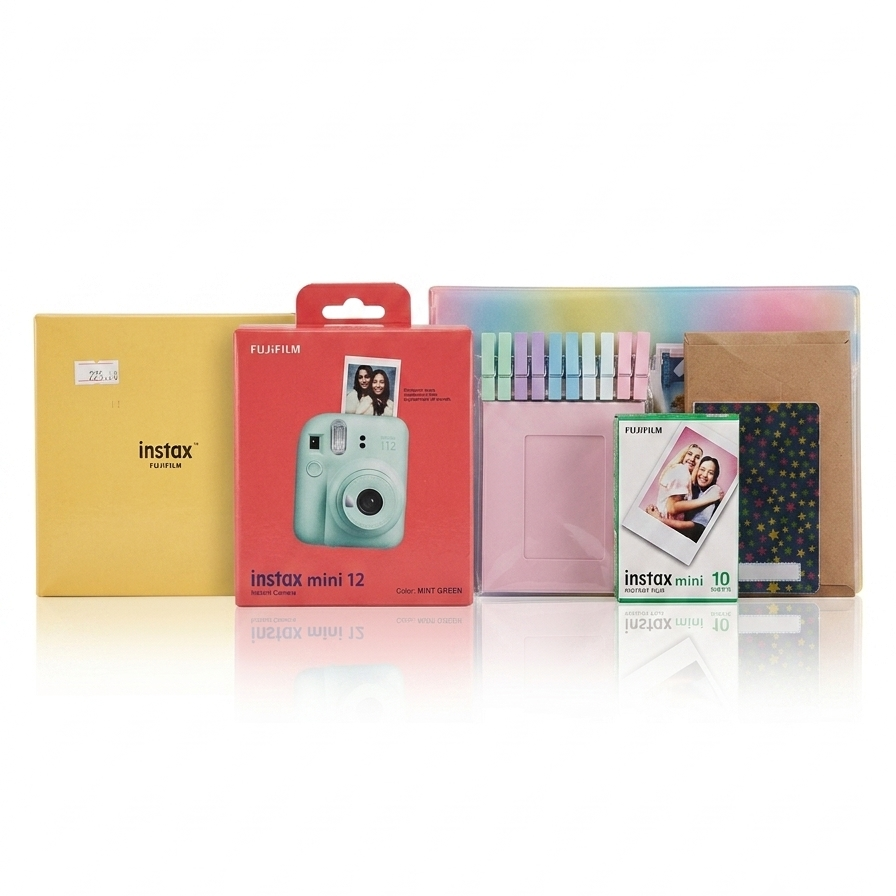باندڵی کامێرای دەستبەجێی Fujifilm Instax Mini 12 لەگەڵ کەڤەری ڕووناک و فلیم - ڕەنگی Mint Green