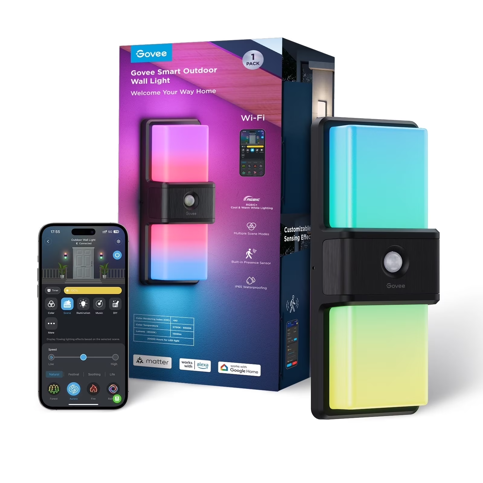 مصباح حائط خارجي ذكي من Govee مع تأثيرات متعددة الألوان RGBIC (الموديل H7078BD1)