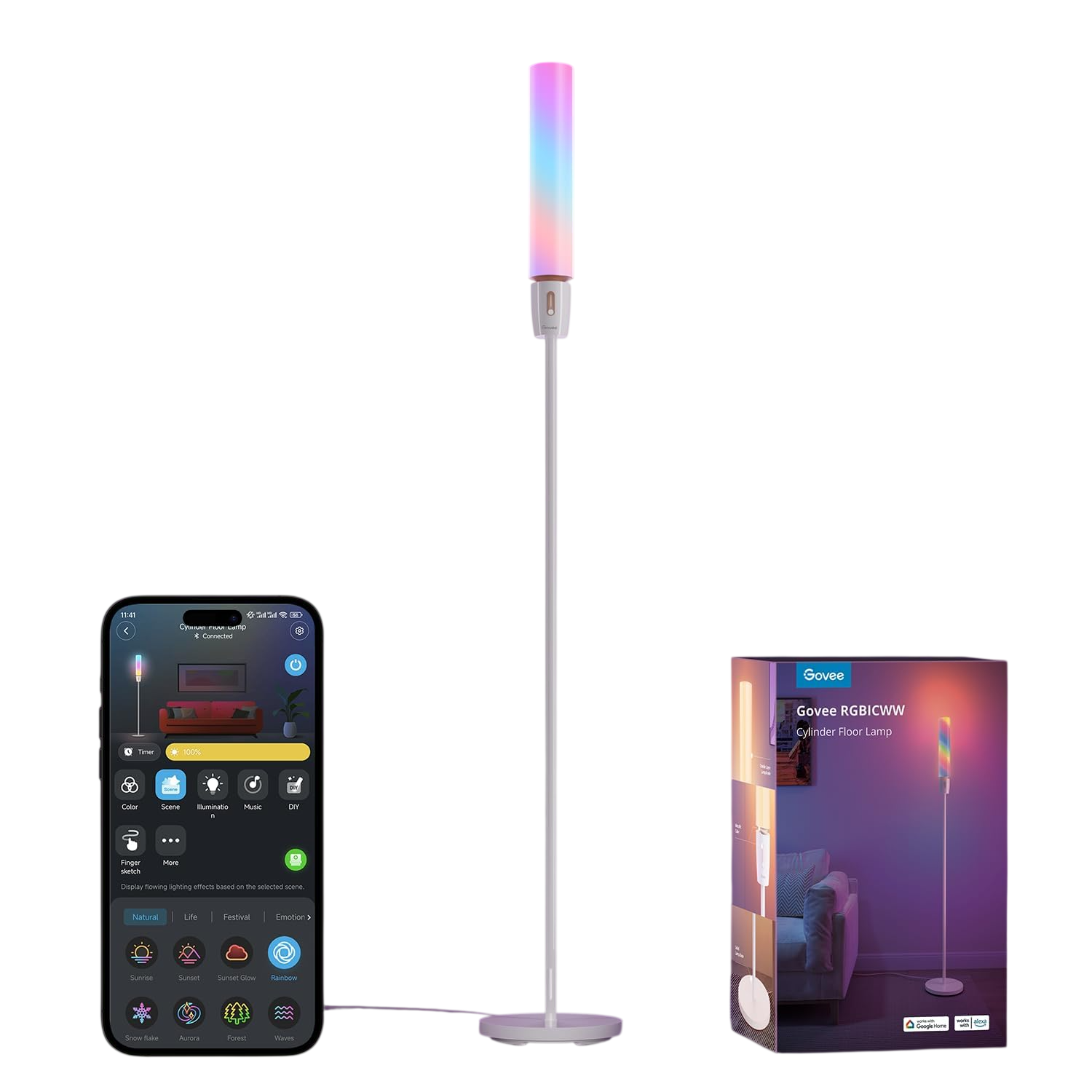 Govee RGBIC Cylinder Floor Lamp, LED Corner Floor Lamp with Wi-Fi App Control, Smart Lamp with 64+ Scenes - H6078202 
