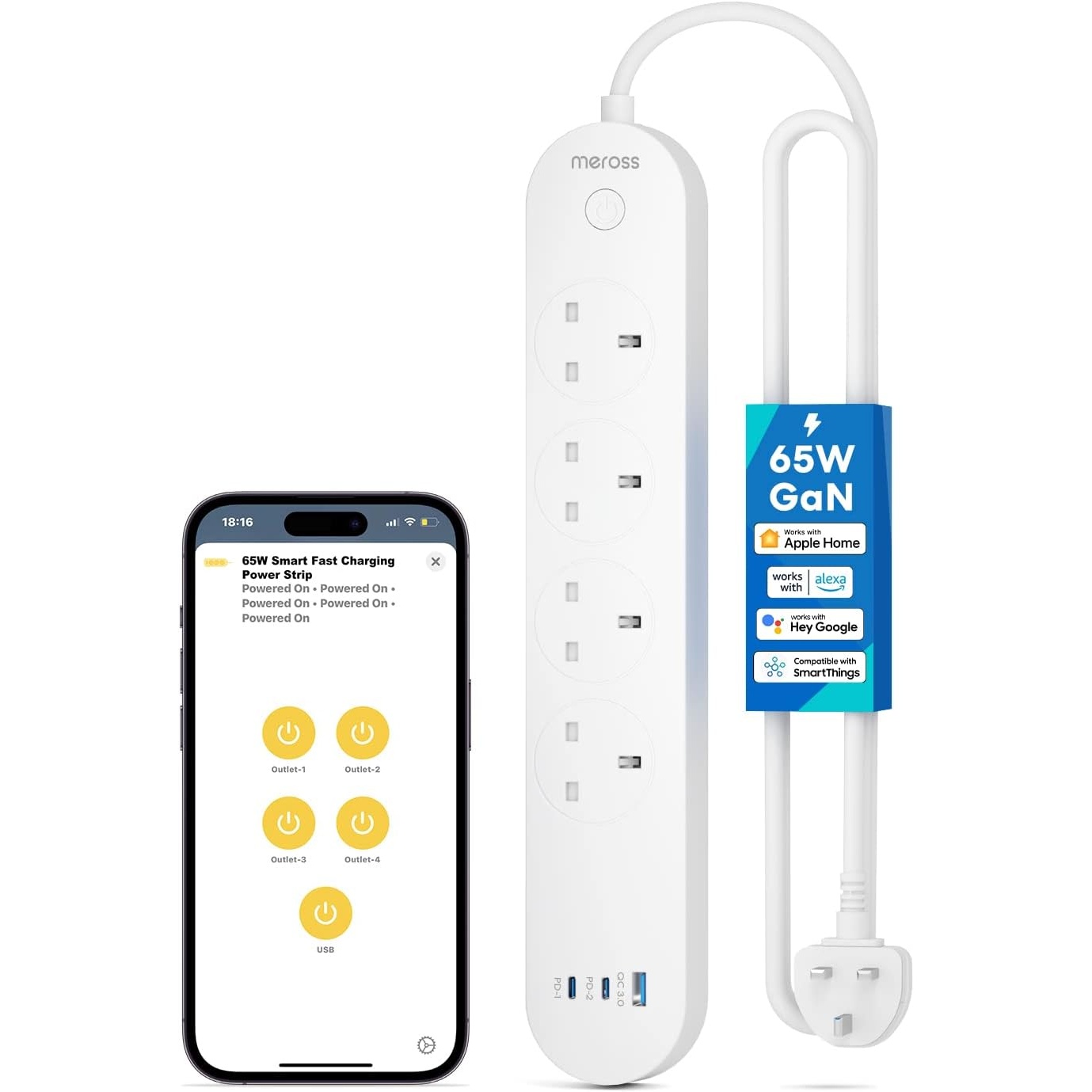 Meross 65W GaN Smart Power Strip with 4 AC Outlets and 3 USB Ports (2 USB-C PD / 1 USB-A)
