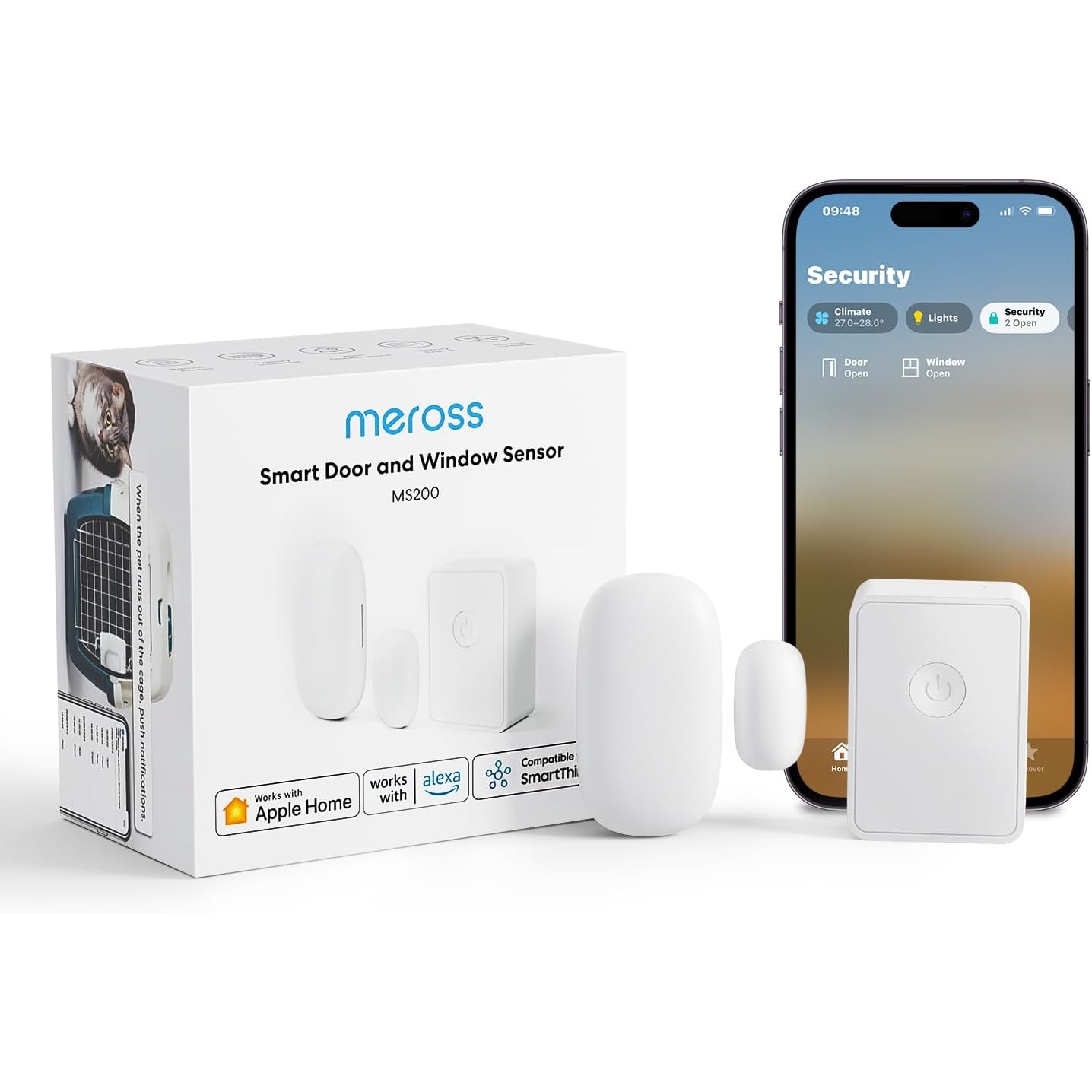 مستشعر Meross الذكي للأبواب والنوافذ، مستشعر تلامس صغير للأمن، نظام إنذار عبر شبكة WiFi، متوافق مع Alexa وGoogle، مجموعة البدء التي تتضمن جهاز Meross Hub