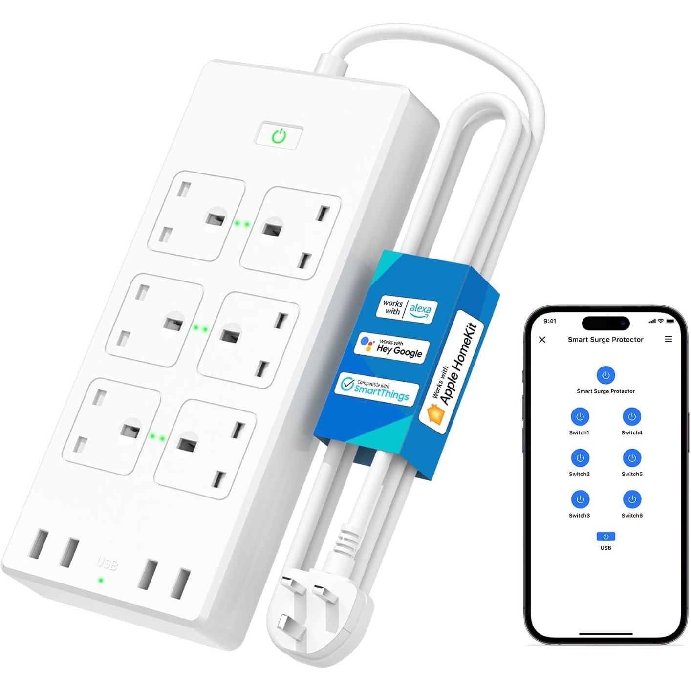 Meross Smart Wi-Fi Surge Protector (6 AC Outlets + 4 USB Ports)