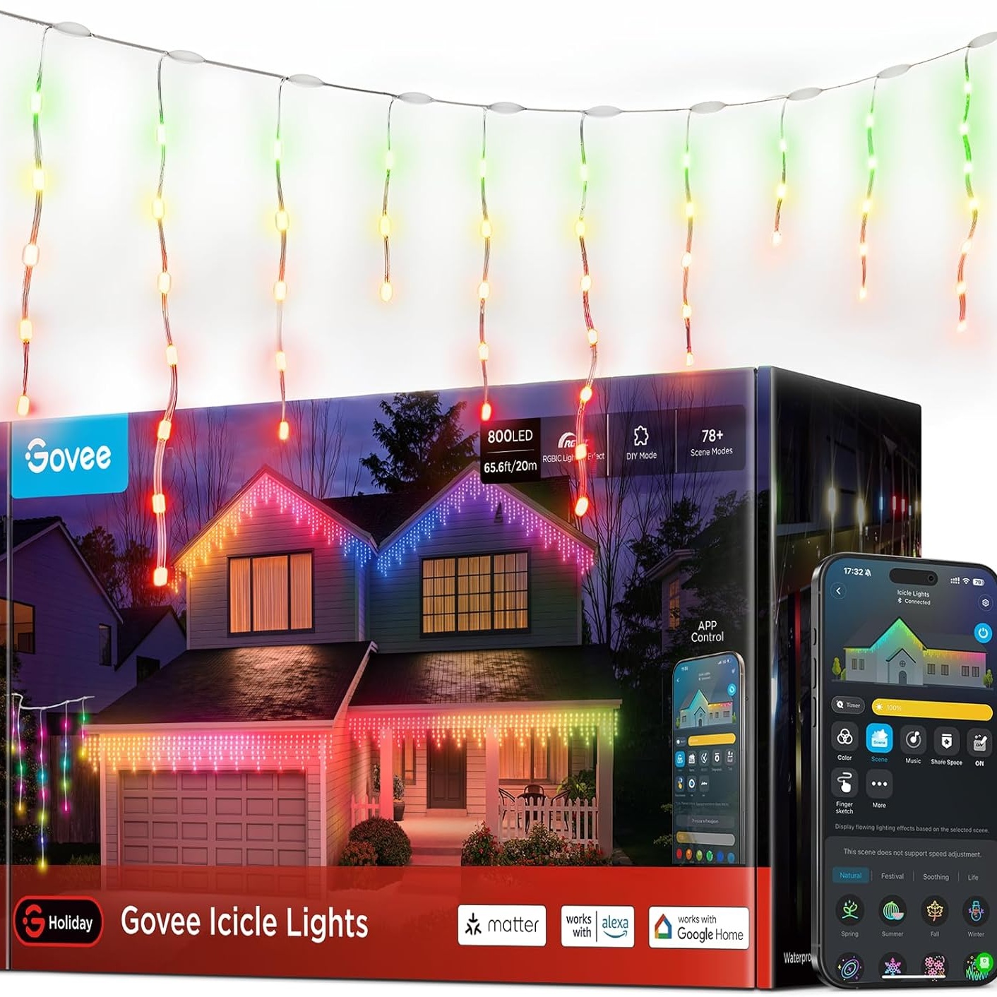 گڵۆپی سەهۆڵی زیرەکی دەرەوەی کریسمسی LEDی RGBICی Govee (٦٦ پێ / ٨٠٠ LED) H70D2 