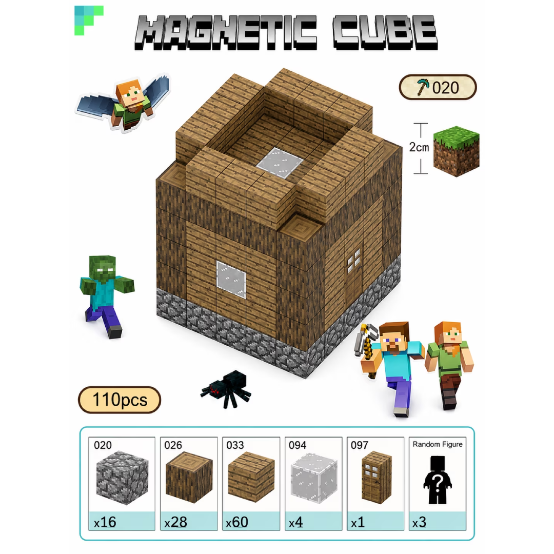 کتڵەی بلۆکی بینایی مەگناتیسی Minecraft T020 House 1 – 110 پارچە + 3 پووشپەڵی بەتەسادوف